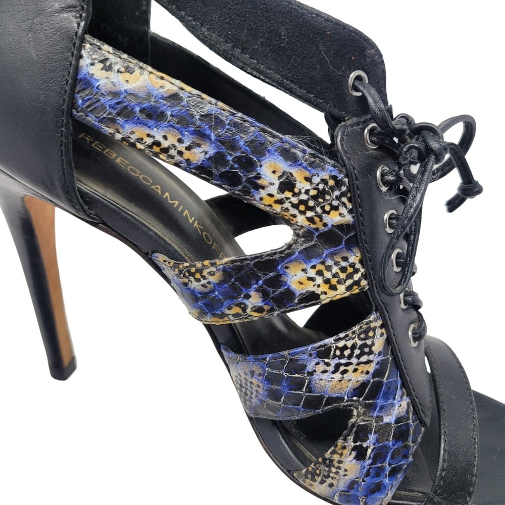Vtg 90s Rebecca Minkoff Strappy Lace-Up Stiletto Heels 6.5 Black Blue Snake Glam